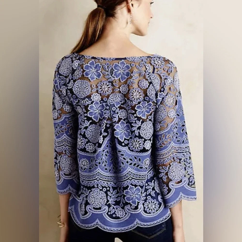 Anthropologie HD In Paris Montmartre Blue Lace Overlay Blouse Top